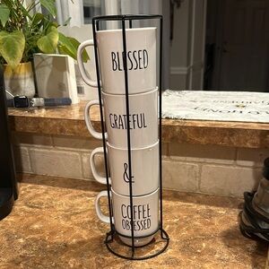 Stackable White Mug Set with Black Stand